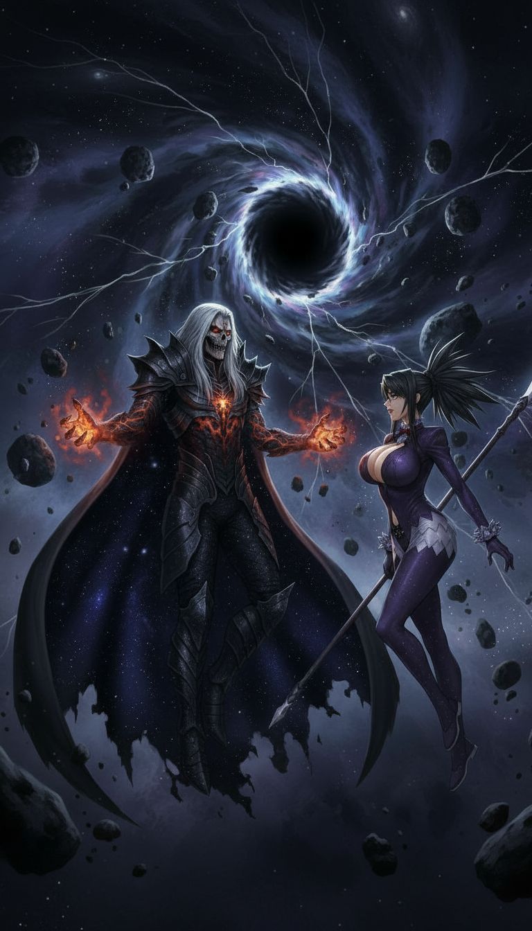 A terrifyingly realistic, grimdark scene of a handsome, skeletal sorcerer face embodying pure evil, levitating with pulsating orange veins o... - Start Image 2