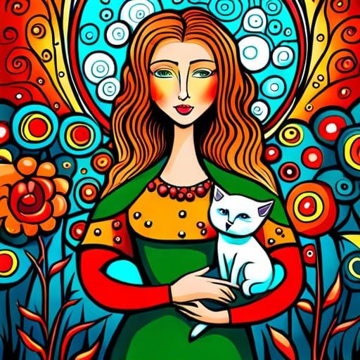 girl with dogs, birds, flowers, fairytale, magic realism, my...