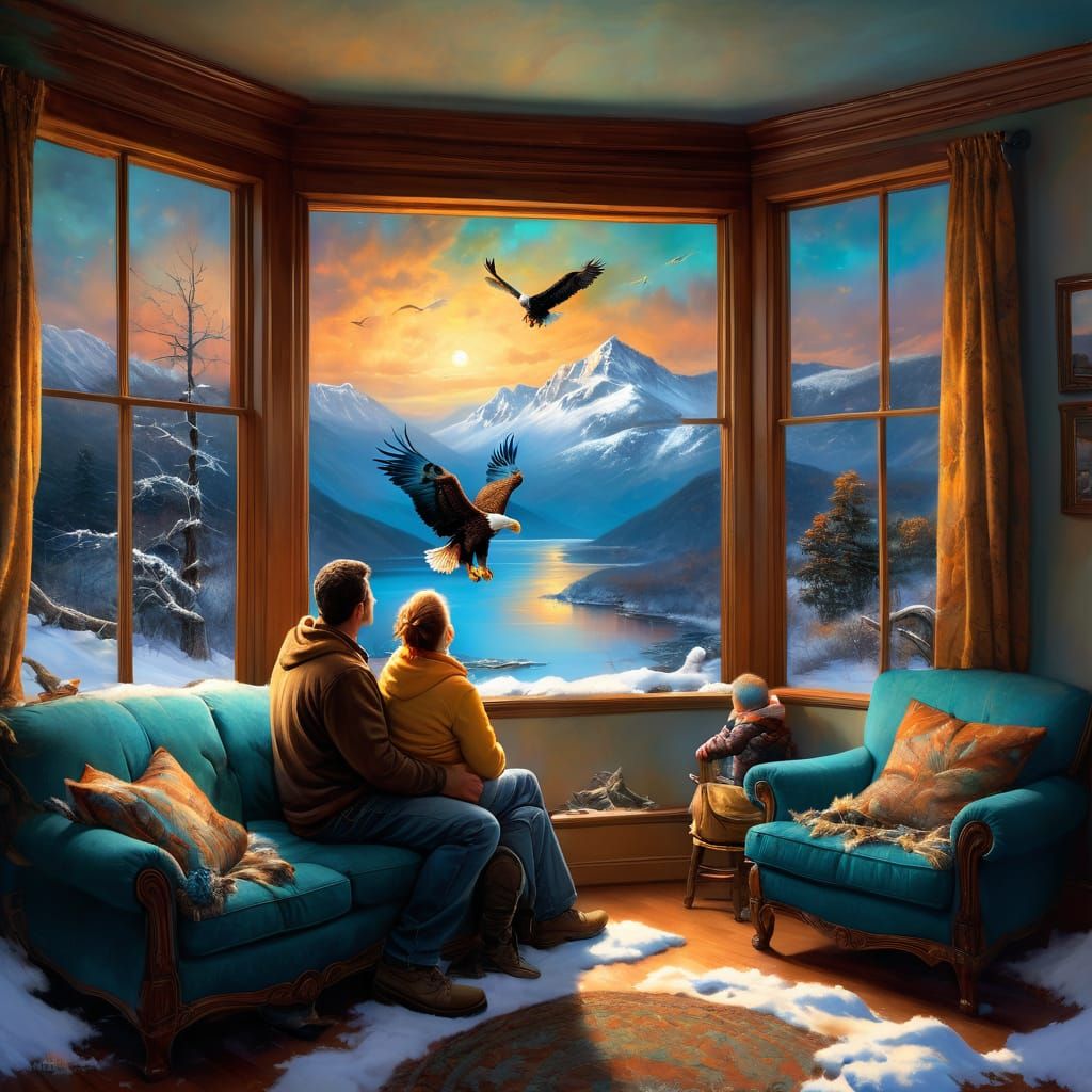 A couple sitting on a sofa looking out the bay window at Bald Eagles