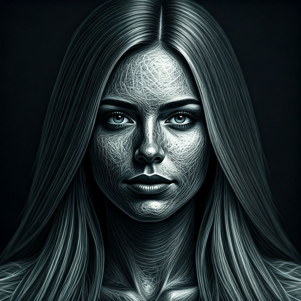 Portrait, high-density string art technique, single continuous thread, ultra-fine filament thread, intricate circular geometric patterns, ph...