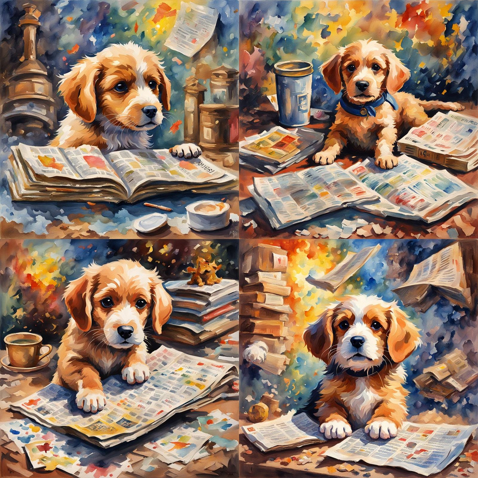 Puppy's and magic newspaper in Gouache Style, Watercolor, Museum Epic