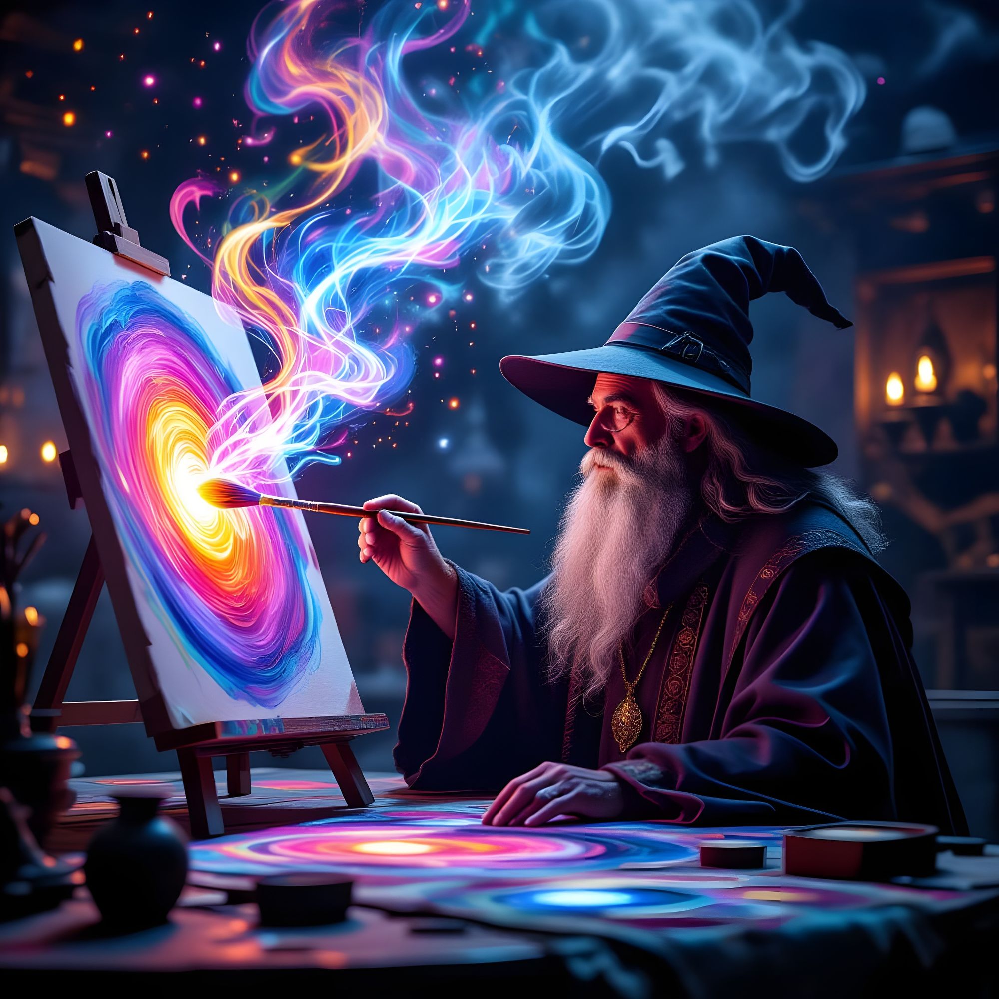 “Magical painter”  Cinematic film still, shot on v-raptor XL, film grain, vignette, color graded, post-processed, cinematic lighting, 35mm f...