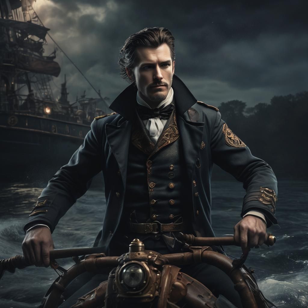 Steampunk Ship Captain Portrait with Glowing Foreground