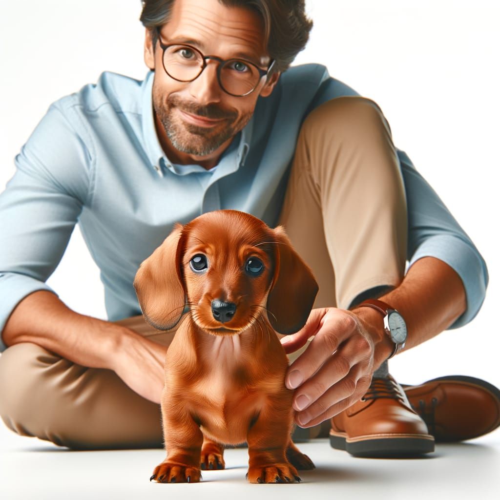Adorable red Dushchoond puppy with owner 