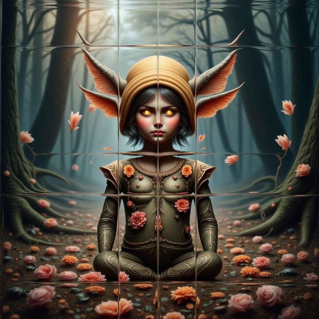 <lora:-Diabolical-:1.0>  Whimsical atmosphere ▪ Enchanted forest setting ▪ Scarecrow figure with glowing eyes and a fabric head ▪ Playful co...