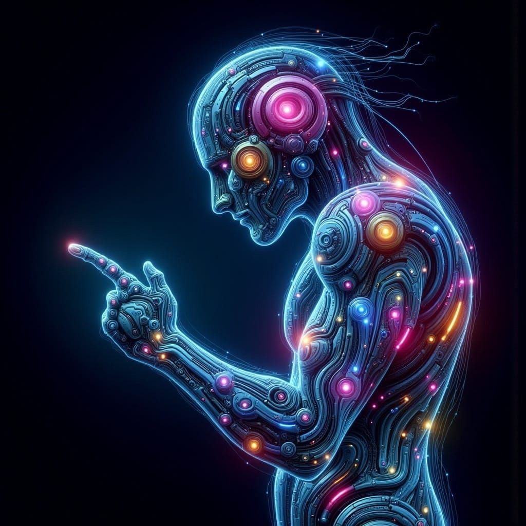 <lora:CyberFlux:1.0> Cybernetic neon android pointing at the screen 