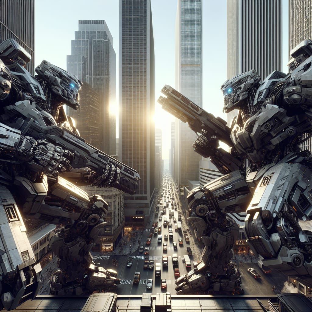 2 gundam mechs fight in a city daytime little cars on the st...
