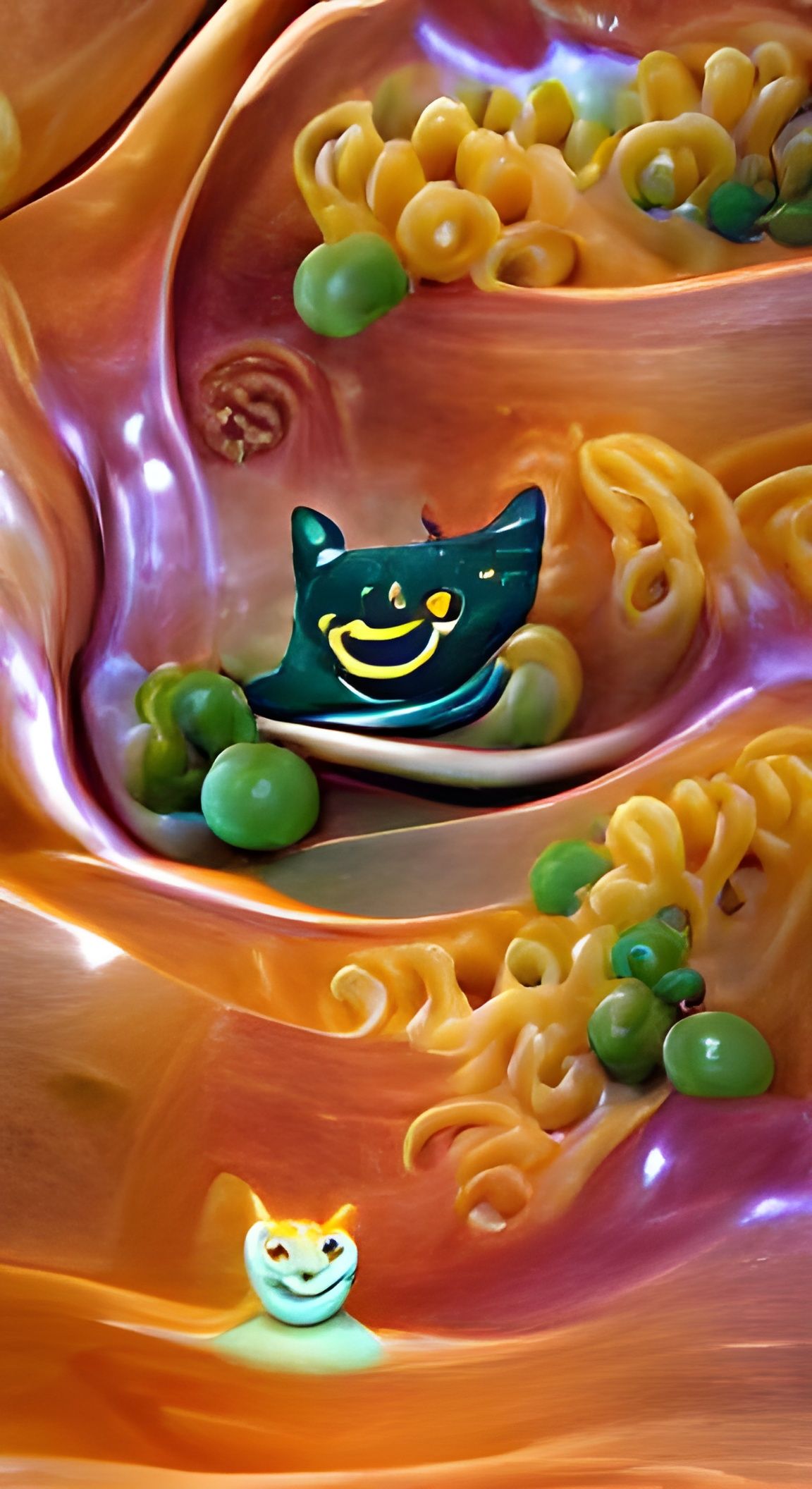 Smiling Amorphous Pasta Feline in an Ornate Jade Bowl.
