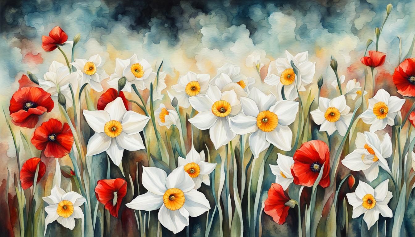 white daffodil field with red poppies on a watercolor painting AI