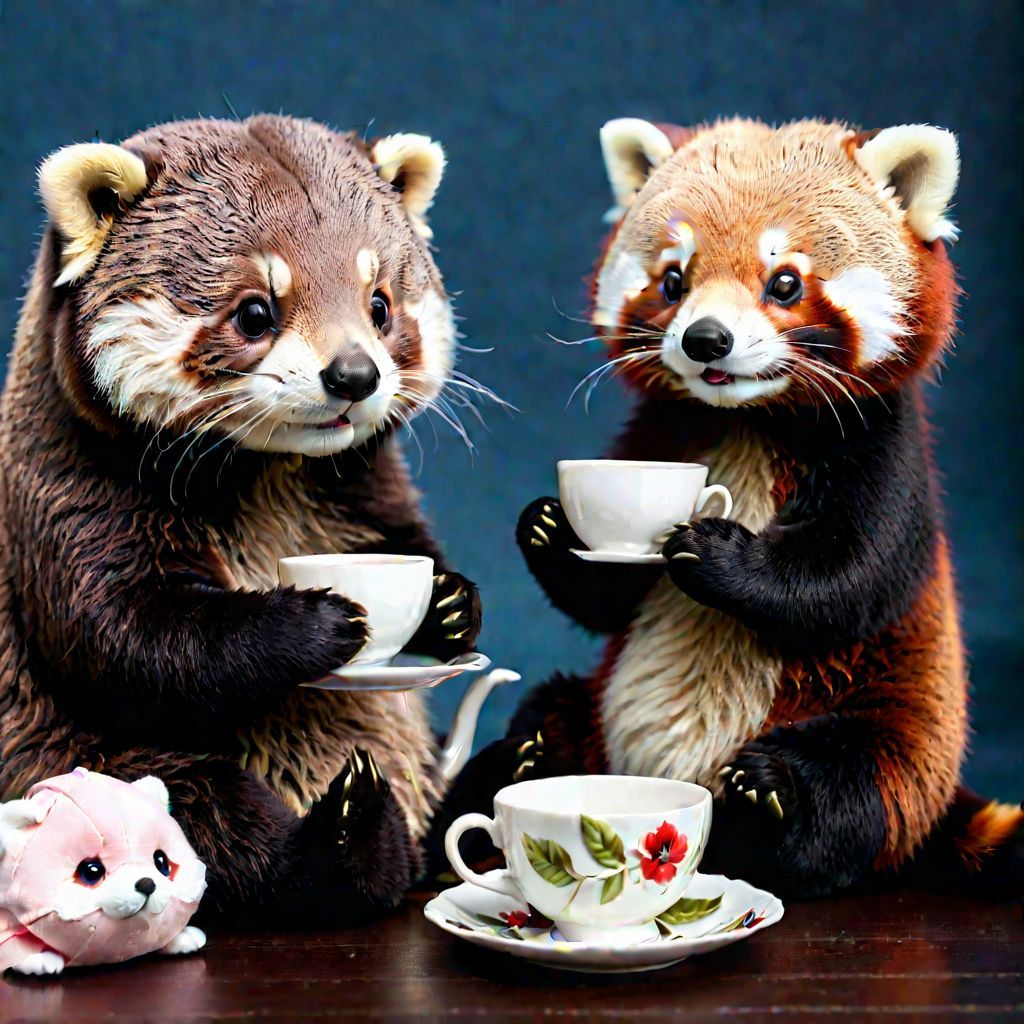 Cute stuffed animal, having a tea party. Otter and a Red Panda