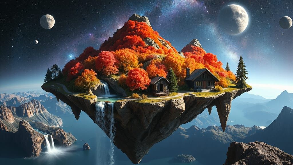 Vibrant Floating Island in Space with Fantasy Cottages