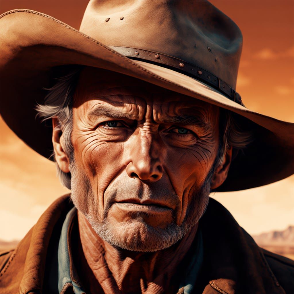 A hyper-realistic close-up portrait image of clint eastwood , a Hollywood actor, in a Western cinematic scene