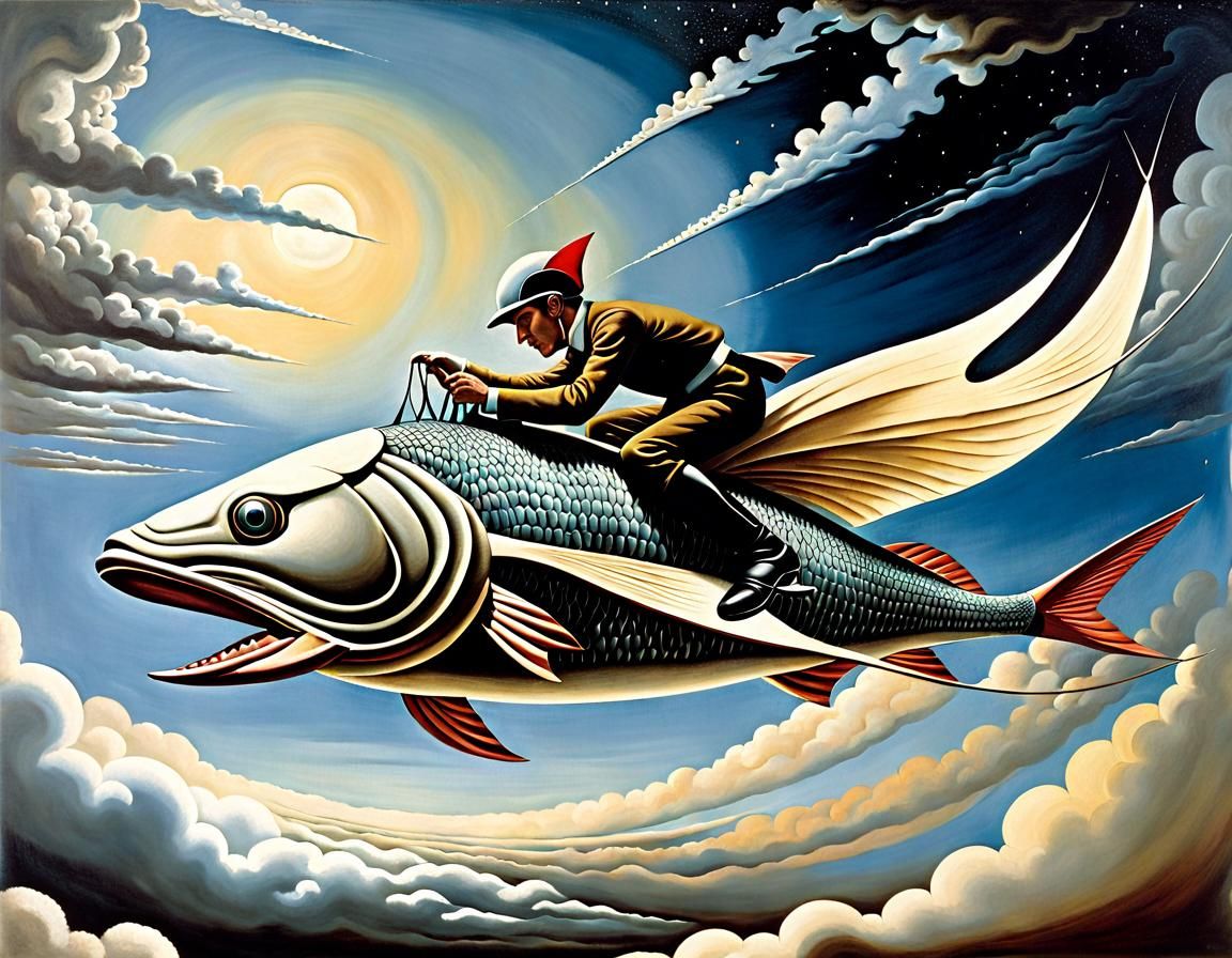 Surreal Jockey Rides Sky Fish in a Celestial Race