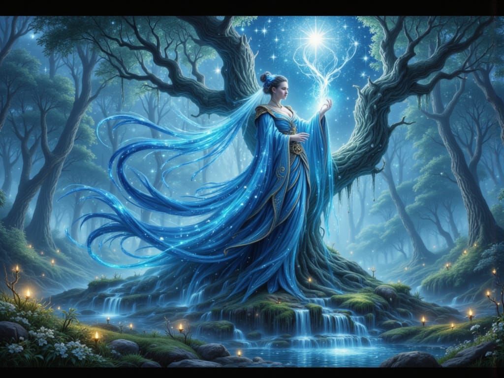 Wizard Casting Blue Magic in Surreal Forest