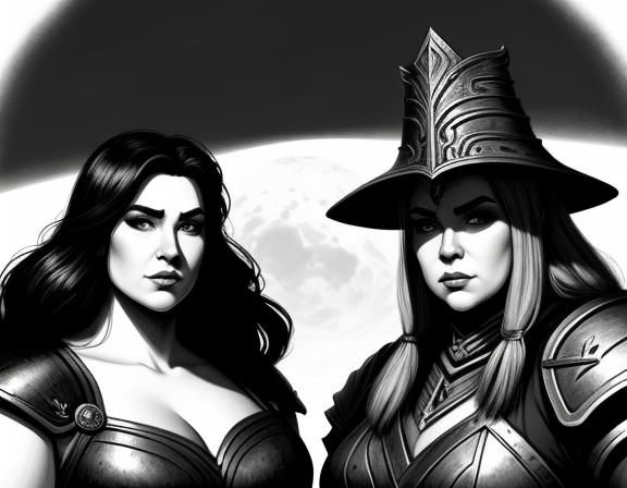 A fantasy illustration of a	female	plus-sized	dwarf	warrior	 wearing conservative clothing,	 near a	Luna ...  by @Lots-of-games-to-play