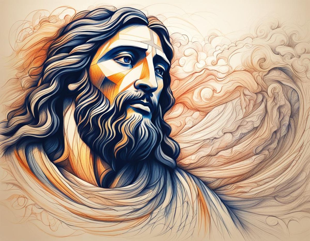 on a white sheet of paper, a drawing made in crayon, Jesus Christ …