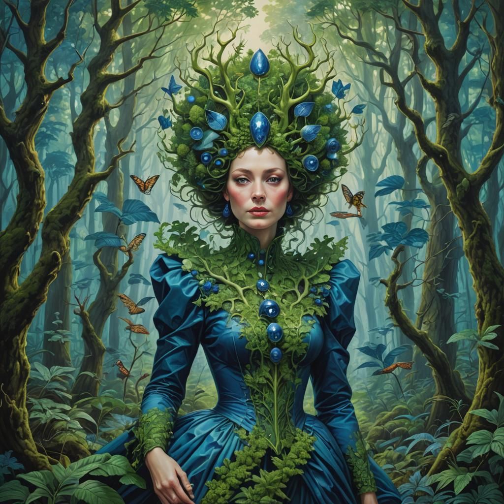 Green Lady in Blue Forest: Hyperrealistic Maximalism