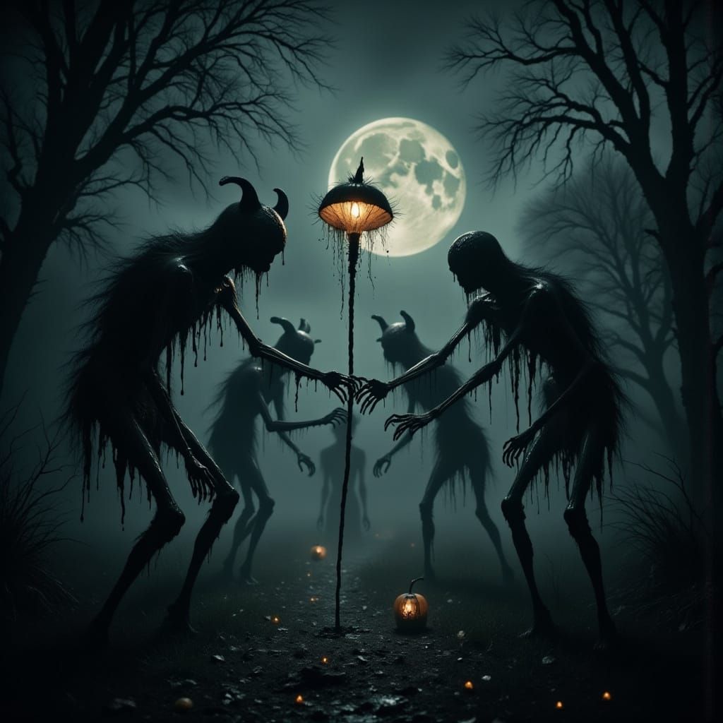 Gothic Landscape Haunted by Skeletal Beings Under Full Moon