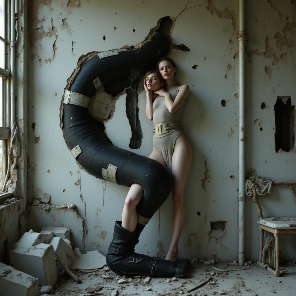 Surreal Fashion Photo: Model Mirrored in Ruined Architecture