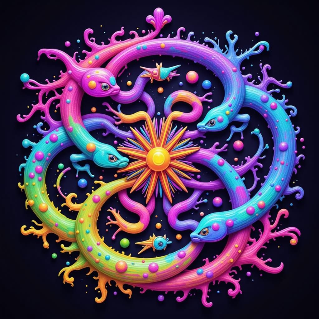 A psychedelic electric X-ray swarm with geometric correlations, depicting the universal law of flow. Visionary, bioluminescent, and iridesce...