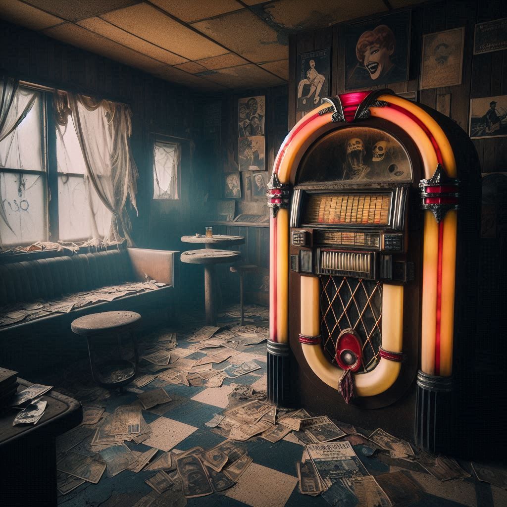 A haunted 1950s style jukebox in an abandoned beer joint