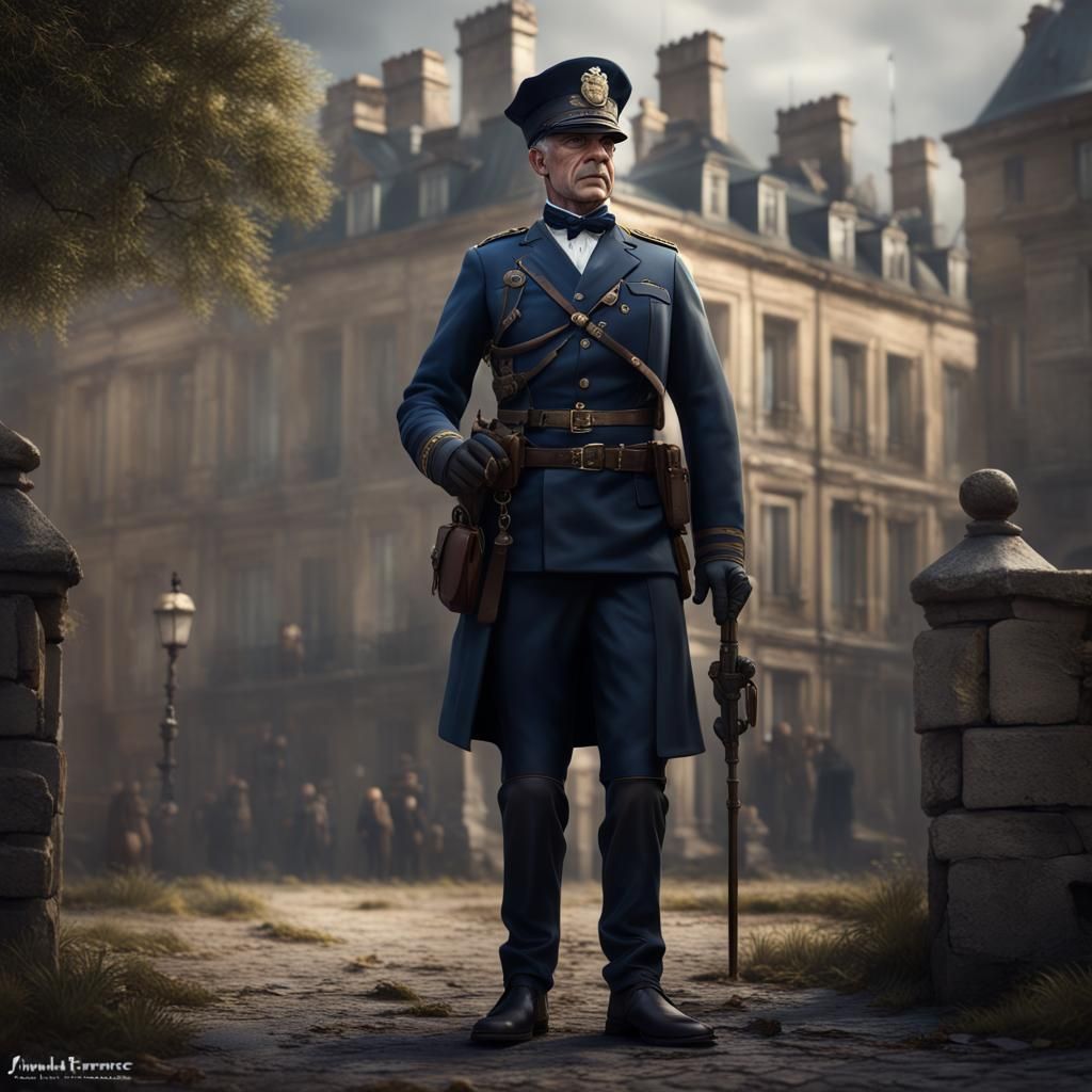 A tall, rigid, and severe police inspector with a military b...