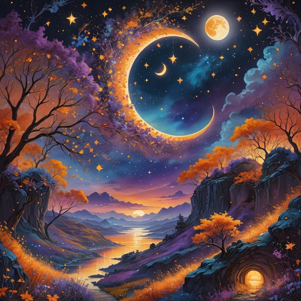 Moon and Stars Illuminate World as Vibrant Oil Painting
