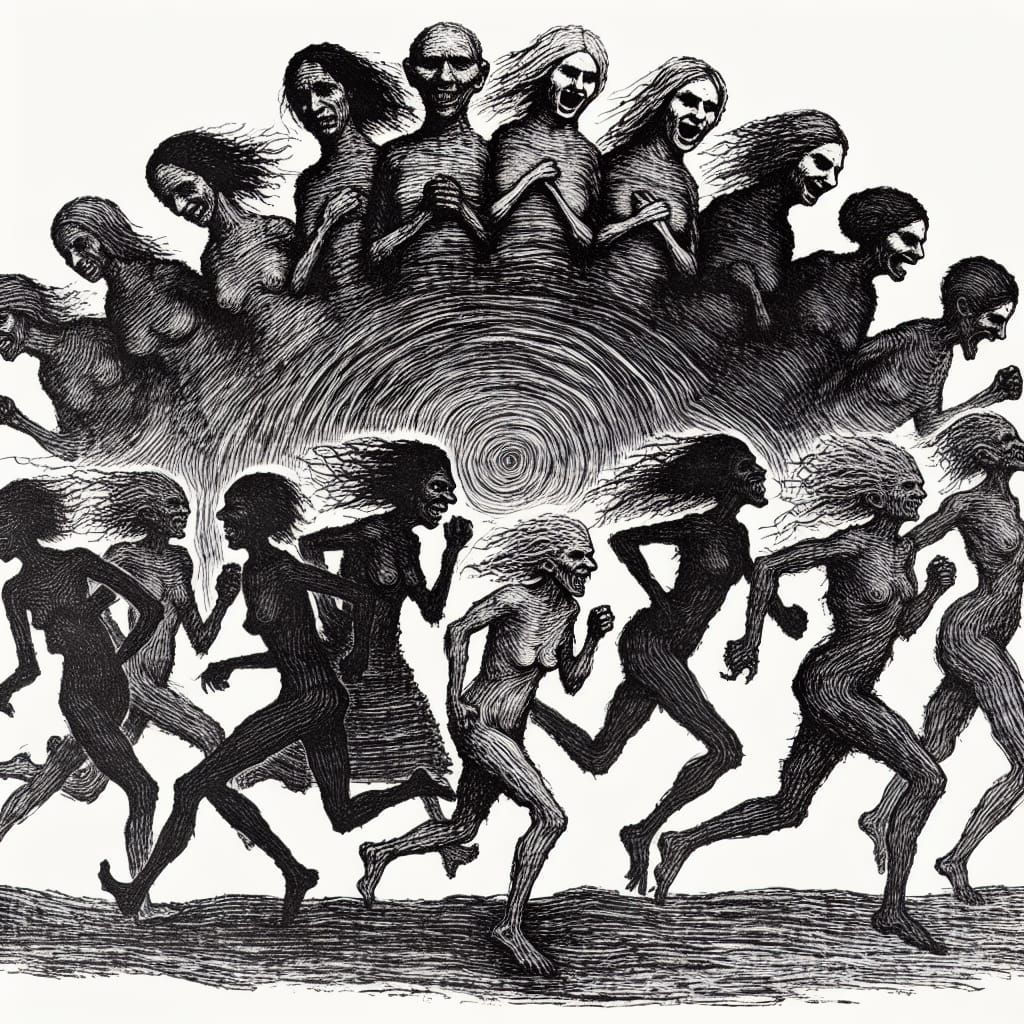 several creepy looking women running in unnerving circles, chicken ...