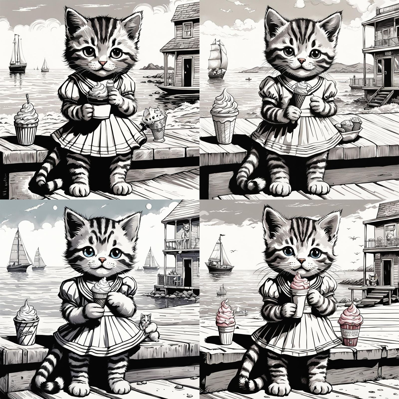 Watercolour painting a beautiful colours drawing of a tabby kitten in a dress and a tabby kitten in a sailor suit eating ice creams at the s...