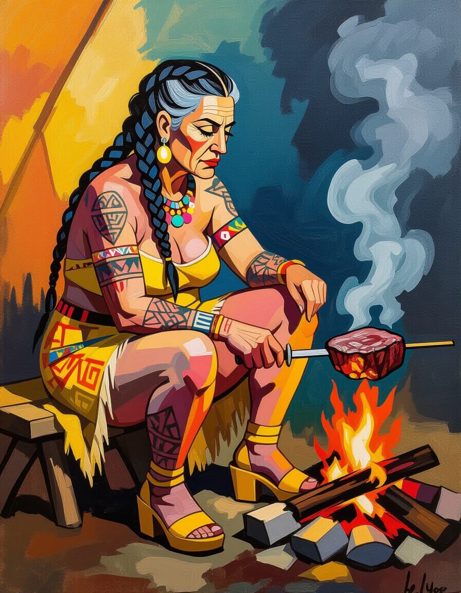 painting: huntress sits on a rock by a campfire