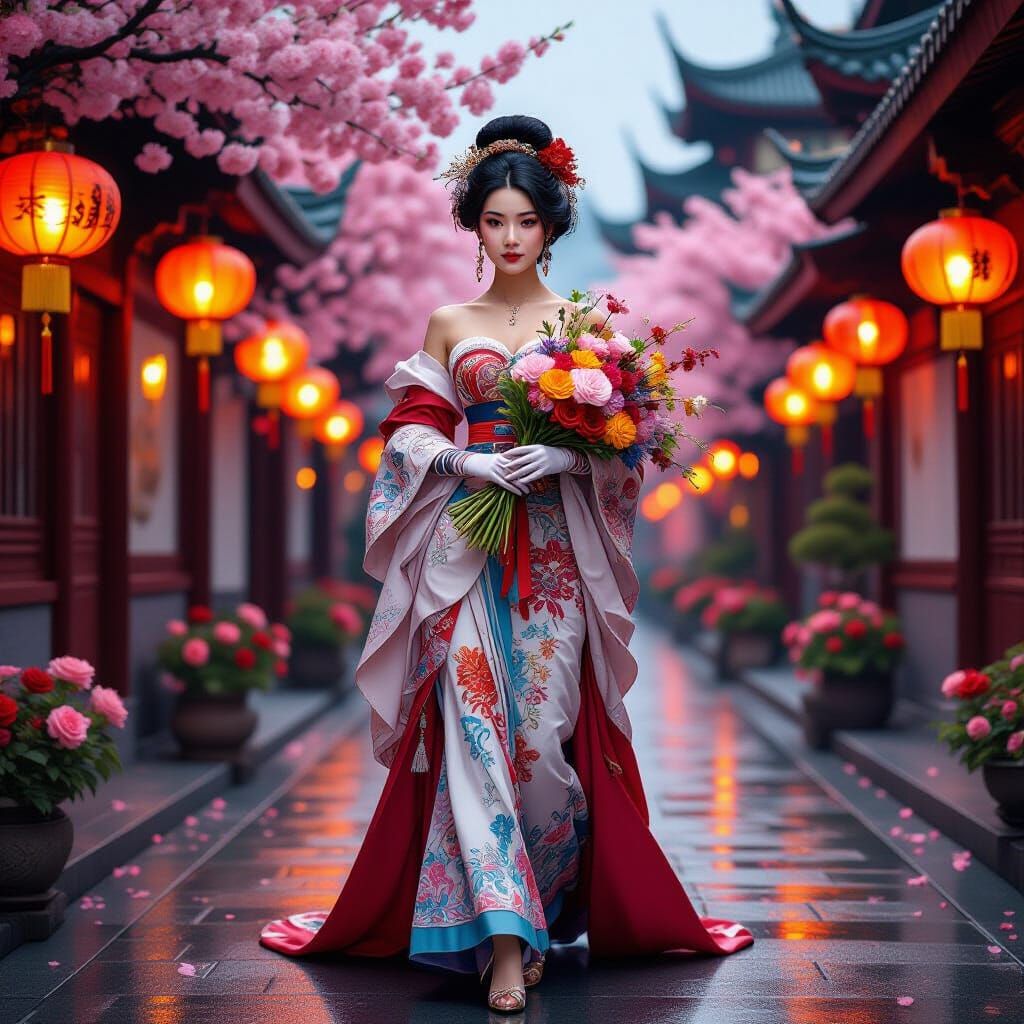 Elegant woman in a fantastical lantern-lit street, wearing an elaborate multi-colored gown with intricate embroidery and flowing textures. S...