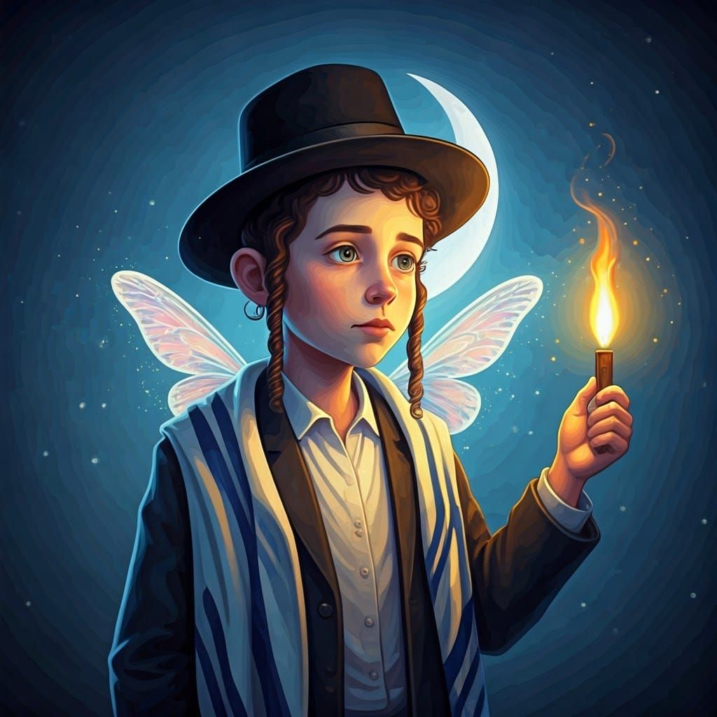 Dreamlike Scene of a Hasidic Boy with a Fairy and a Flare