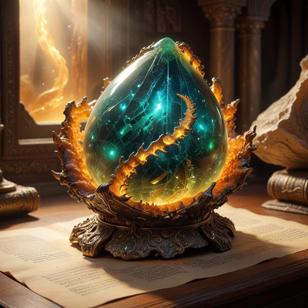  Science fantasy concept art. Medium shot. Ancient, mysterious object exhibited in a dusty museum, surrounded by richly illuminated parchmen...