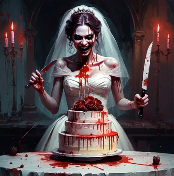 Here comes the bride holding a Knife but she ain't Cutting her Cake