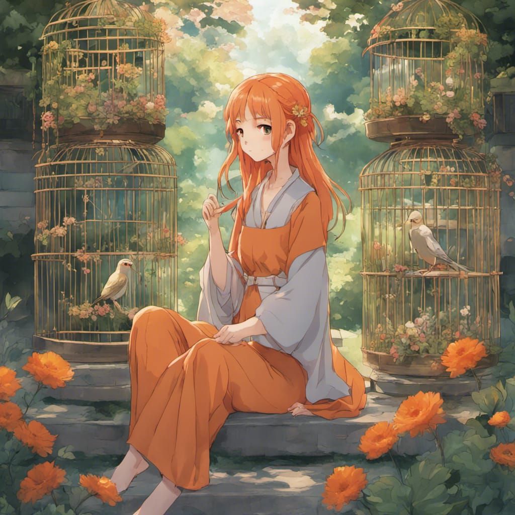 serious short woman long braided orange hair  fantasy saint ...