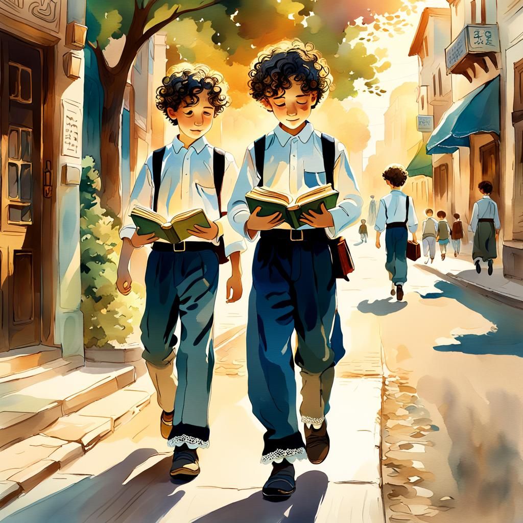 שני ילדים יהודים חרדים עם פאות מסולסלות חולצה מכופתרת בצבע לבן ומכנסיים ארוכות הולכים ברחוב ומחזיקים ביד ספר תלמוד סגנון...