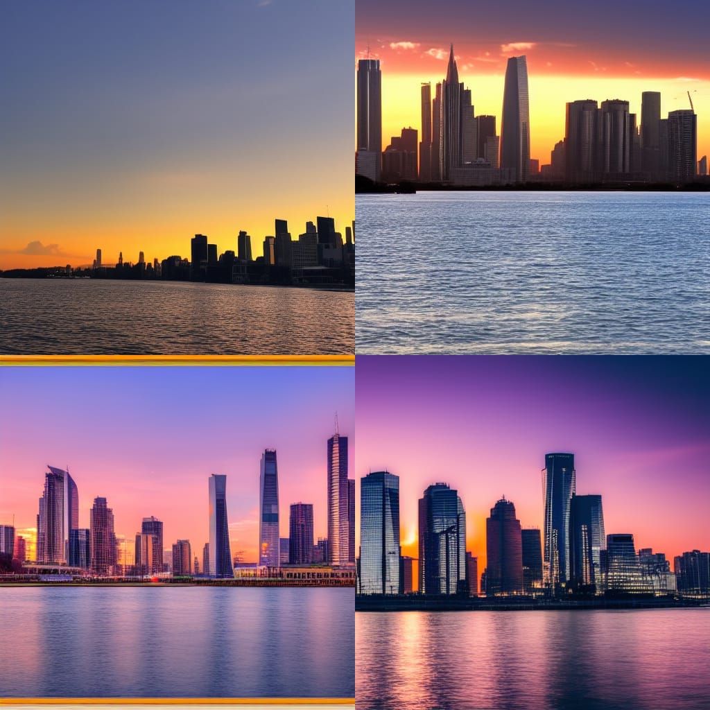 City skyline across the water at sunset