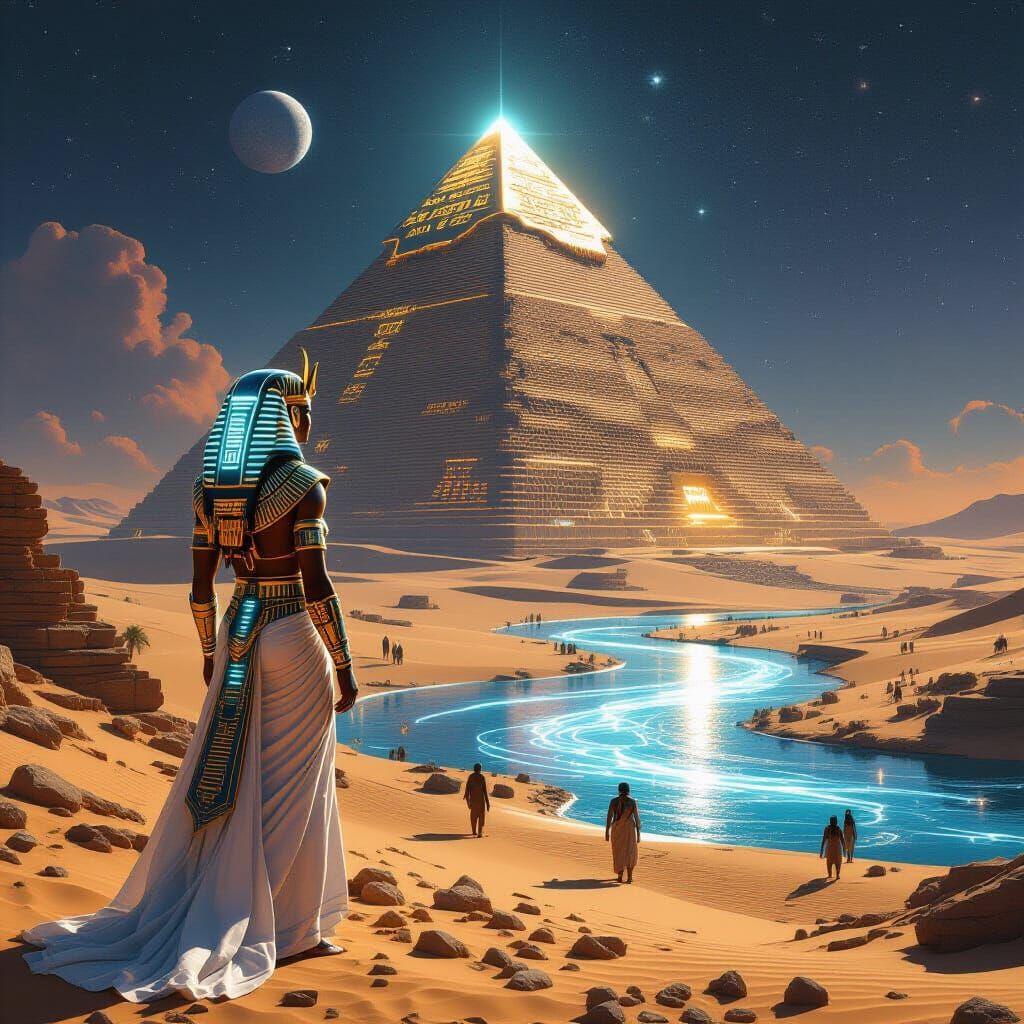 A timeline where ancient Egypt discovered and utilized advanced alien technology. A majestic Egyptian ...  by @Shadowbird