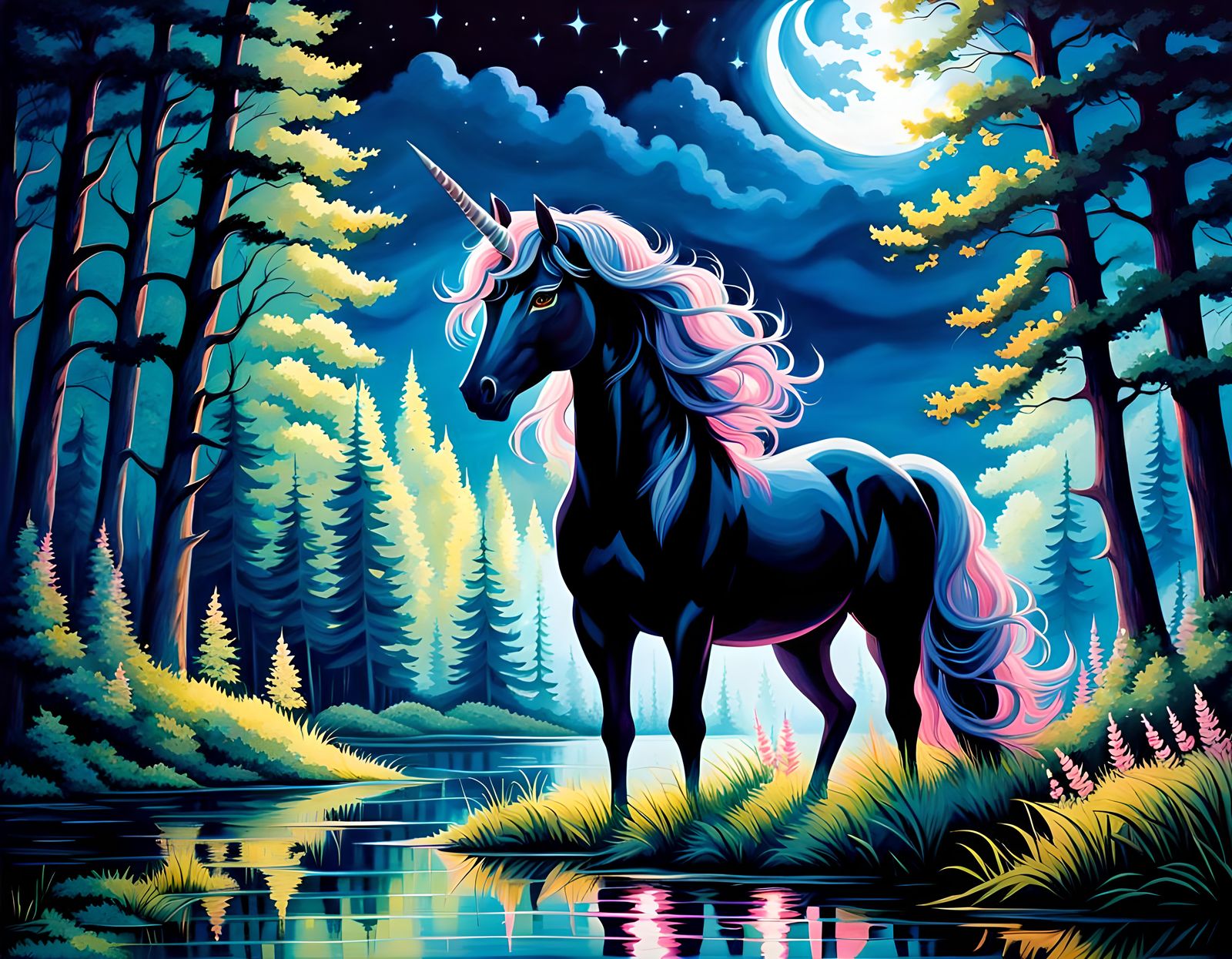 a black unicorn in a forest clearing, moonlit night, lake in the ...