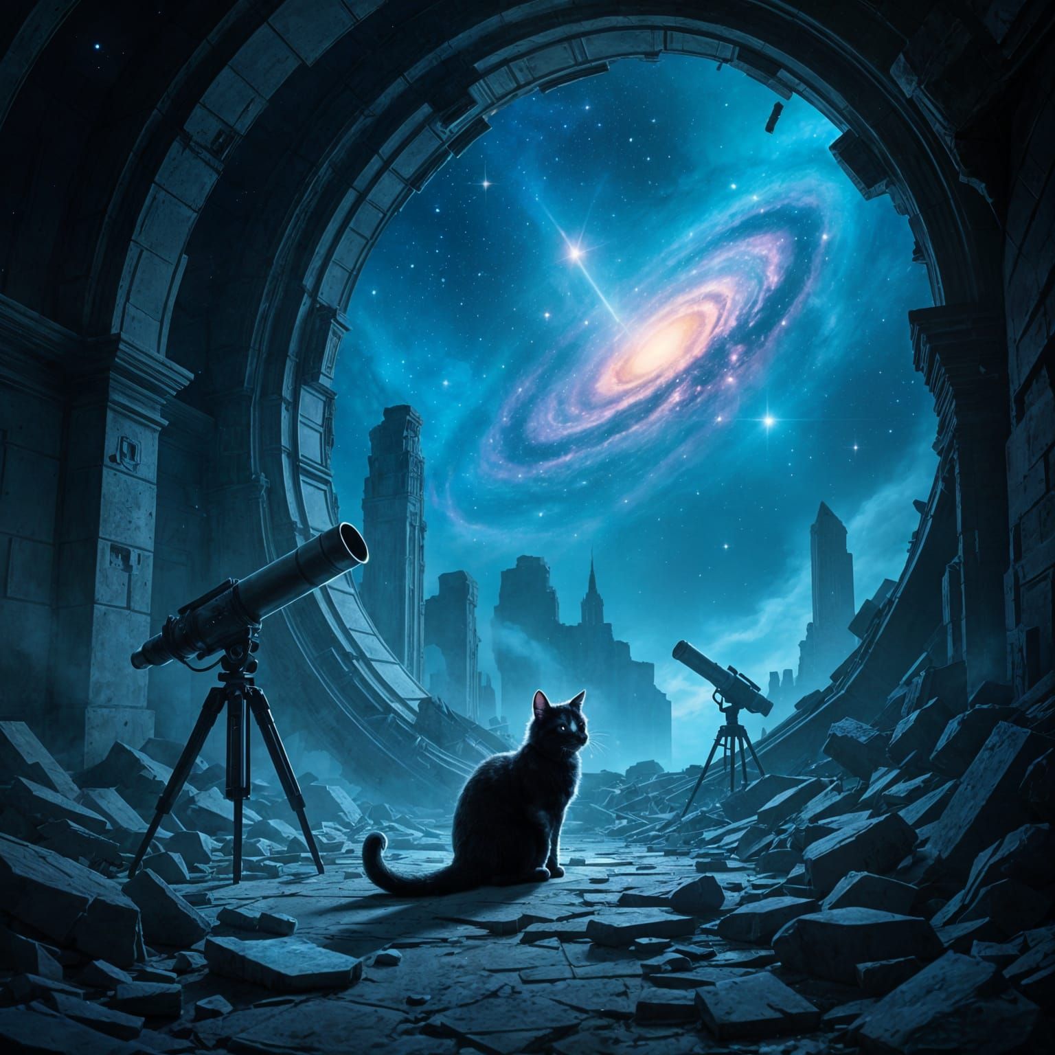 A solitary, spectral cat with eyes like distant galaxies prowls through the ruins of a once-grand celestial observatory. Shattered telescope...