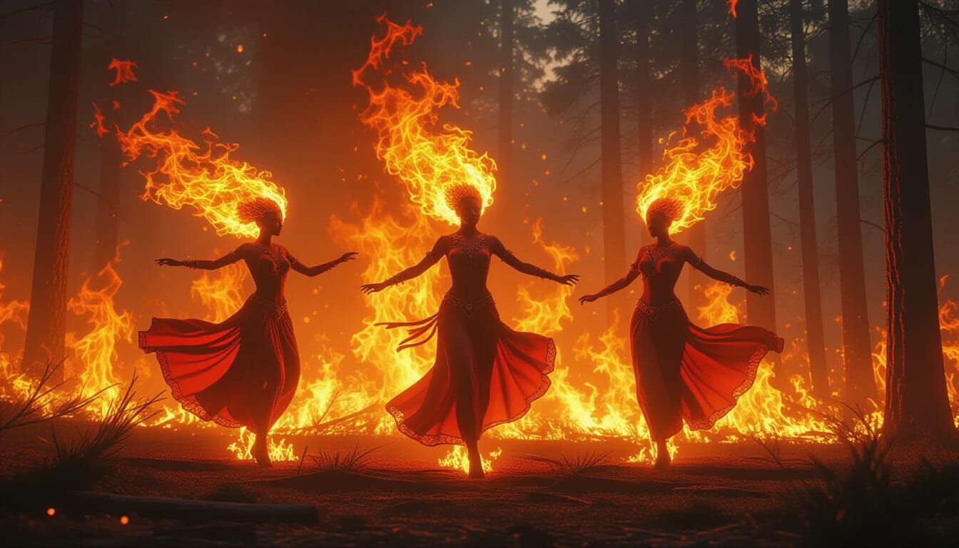 A photorealistic picture
A forest fire.
There are three fire spirits dancing in the fire. These spirits ...  by @KinginYellow2