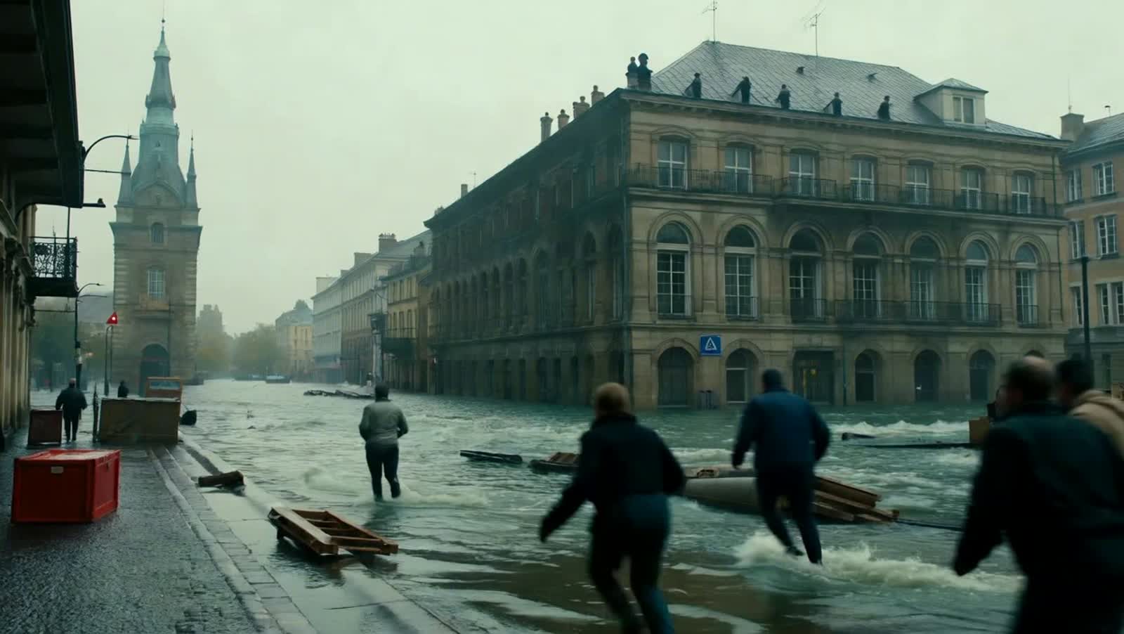"A flood engulfs a dystopian city as people run away"