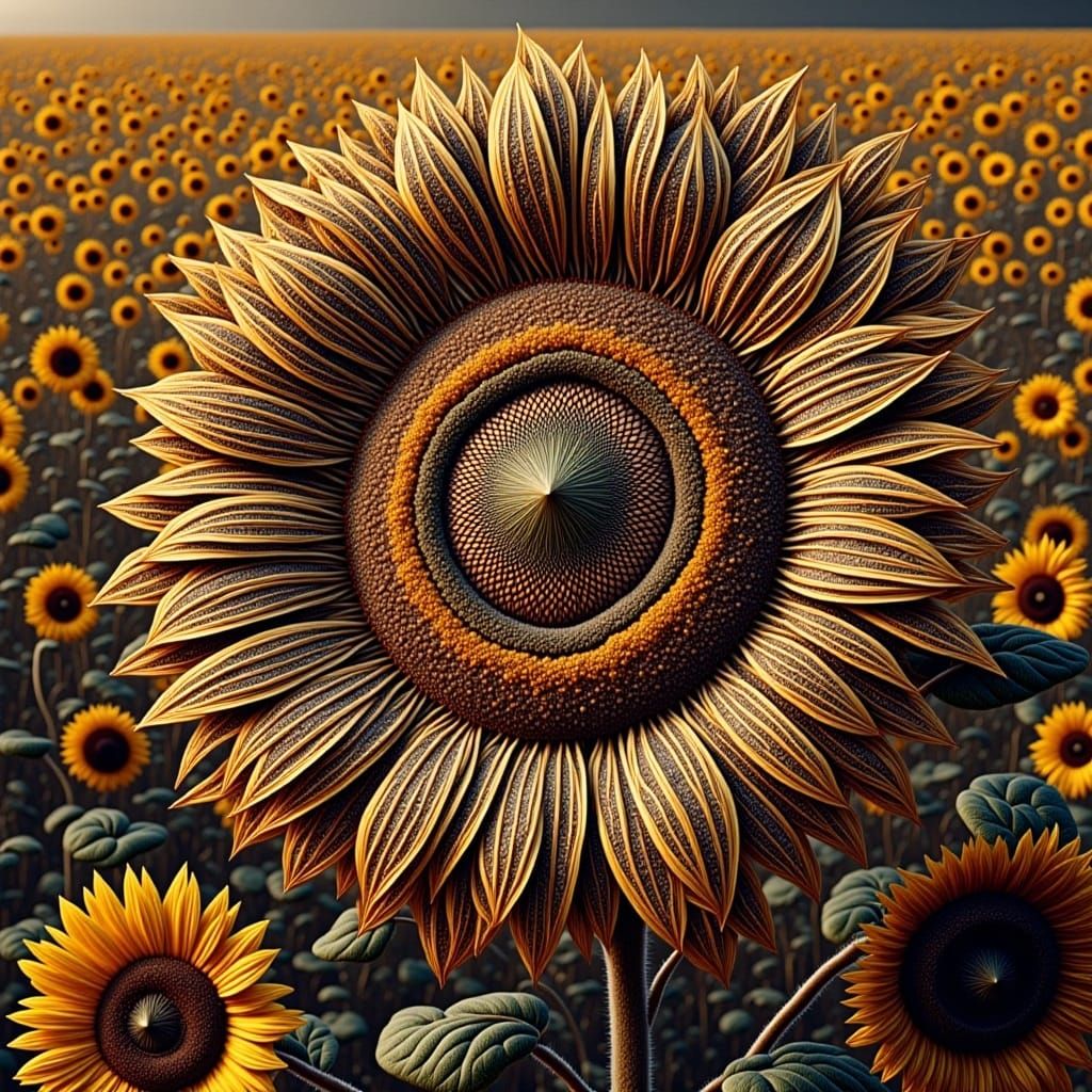 <lora:Flora Lora:1.0> photo quality, cinematic quality, hyperrealism, close up of a sunflower in a field, with mosaic petals layered dimensi...