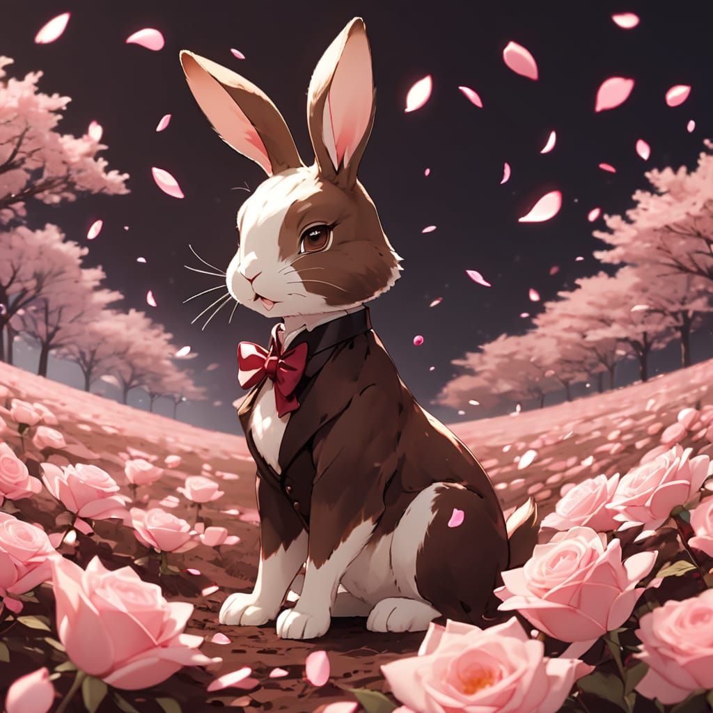 Cute rabbit in a chocolate roses field