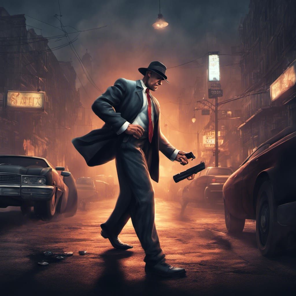 Gangster on street corner hustling, mafia styled character, ...