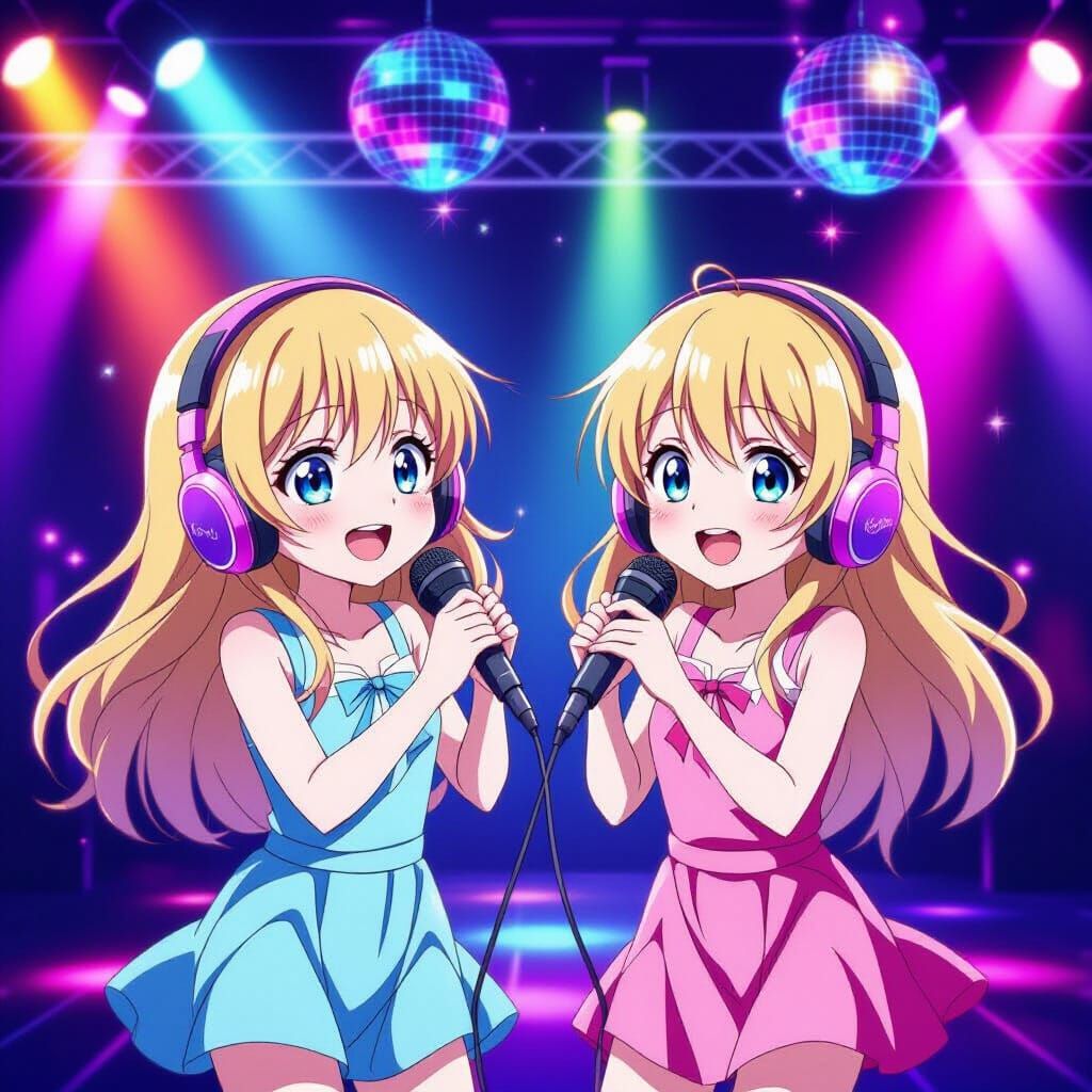 Anime Twins Singing & Dancing in Neon Karaoke Room