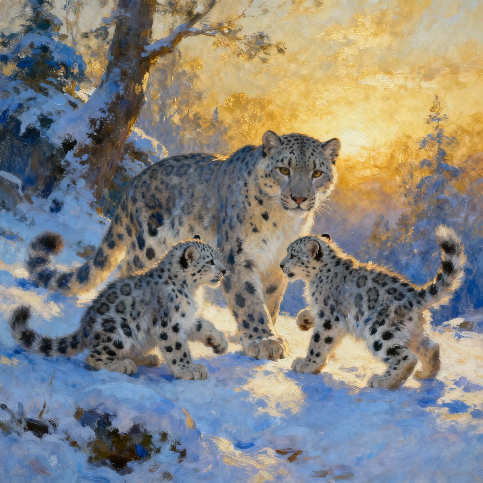 Digital matte painting. Medium shot. Snow leopard cubs play near their mother on a snowy day. Golden ...  by @Volley-ball-lover