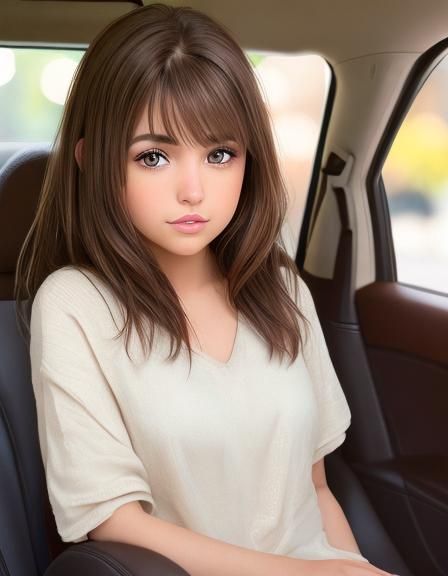  brown hair, brown eyes, sitting in a car