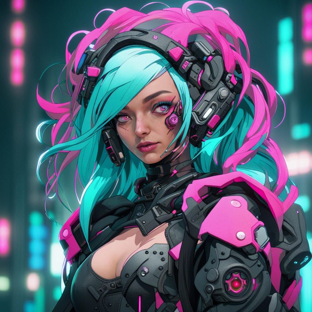 Cyberpunk woman pink eyes teal hair with cyberware - AI Generated ...