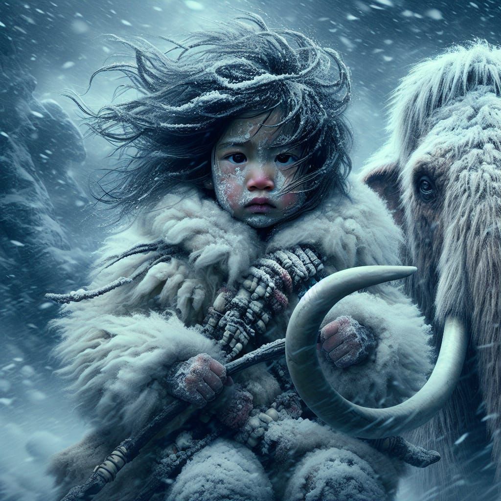 Primordial South Asian Girl and Wooly Mammoth Brave a Fierce...